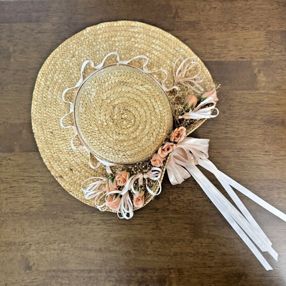 Straw Hat with Peach Flowers, Ribbons Grannycore Cottagecore Wall Decor - Picture 8 of 10
